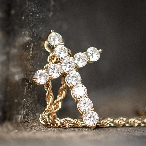 Small Yellow Gold Plated Iced Cz Micro Cross Pendant And Rope Chain Necklace - Picture 1 of 5